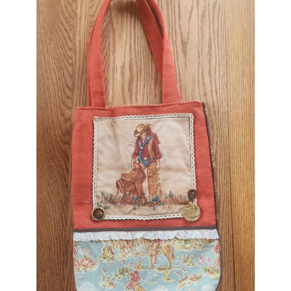 Orange Canvas Tote w Cowgirl & Horse Western Patch-Doily Trim & Button Accents